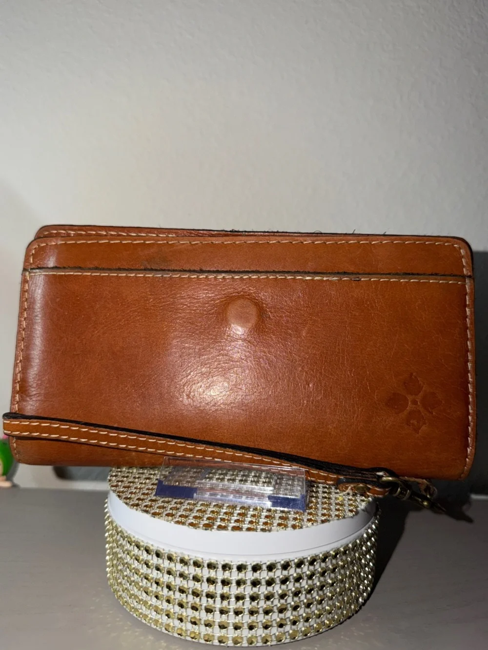 Patricia Nash Tan Leather Wristlet Wallet with Logo Emboss